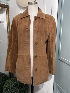 Bernardo Tan Suede Leather Coat Size Small Genuine Leather Button Front Vintage